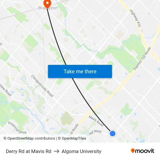 Derry Rd at Mavis Rd to Algoma University map