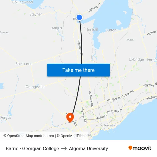 Barrie - Georgian College to Algoma University map