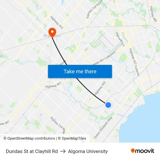 Dundas St at Clayhill Rd to Algoma University map