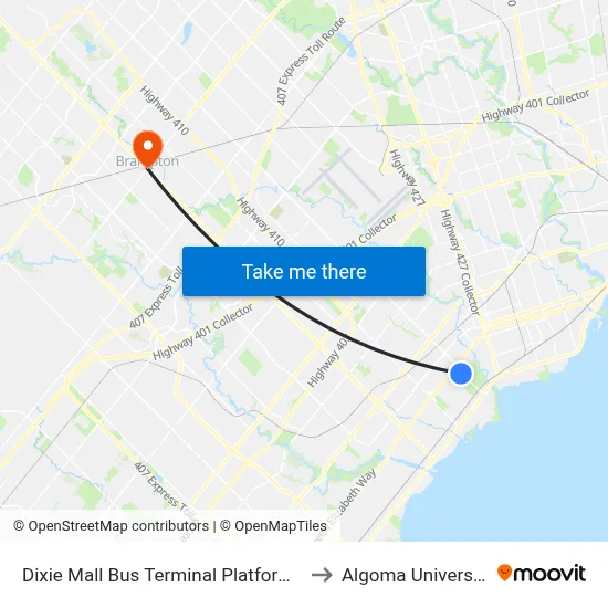 Dixie Mall Bus Terminal Platform B to Algoma University map
