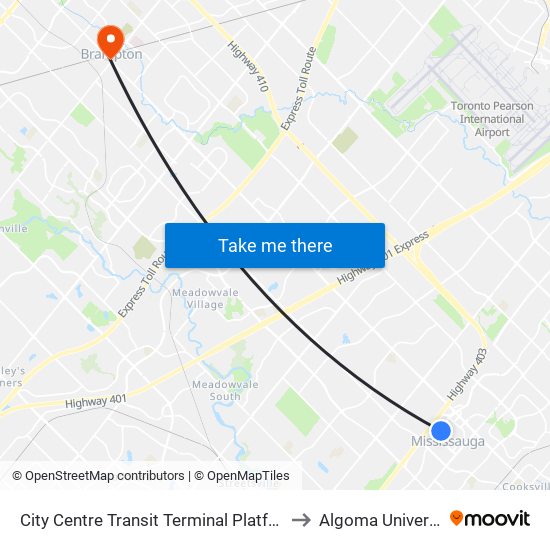 City Centre Transit Terminal Platform K to Algoma University map