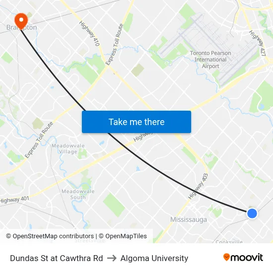 Dundas St at Cawthra Rd to Algoma University map