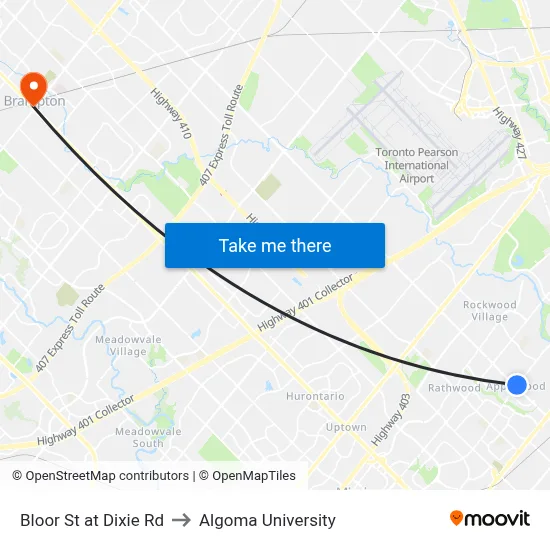 Bloor St at Dixie Rd to Algoma University map