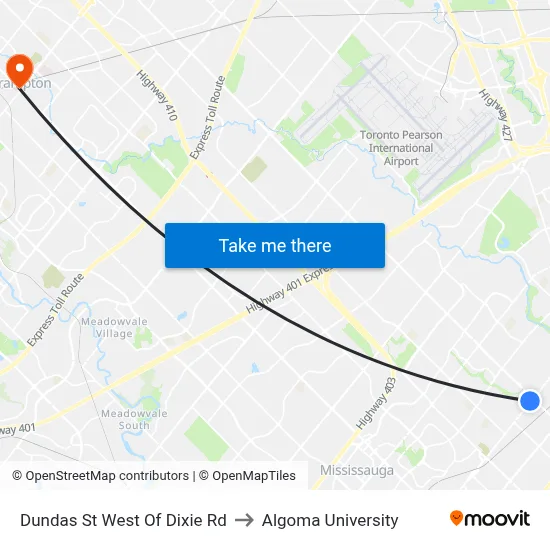 Dundas St West Of Dixie Rd to Algoma University map