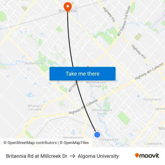 Britannia Rd at Millcreek Dr to Algoma University map