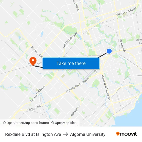 Rexdale Blvd at Islington Ave to Algoma University map