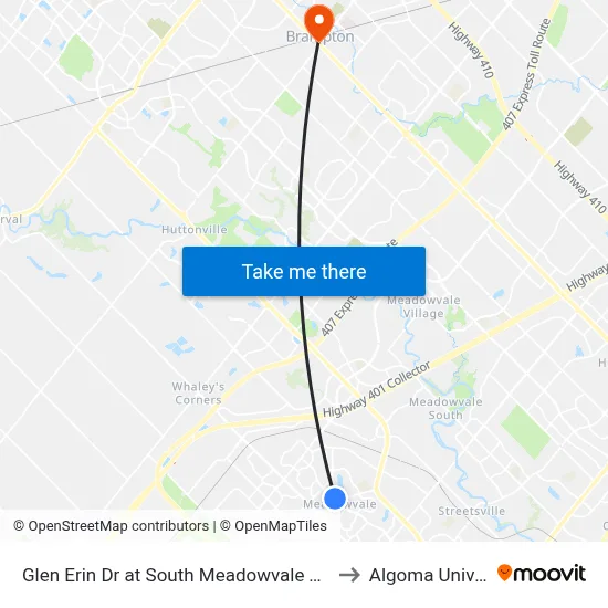 Glen Erin Dr at South Meadowvale Town Ctr Cir to Algoma University map