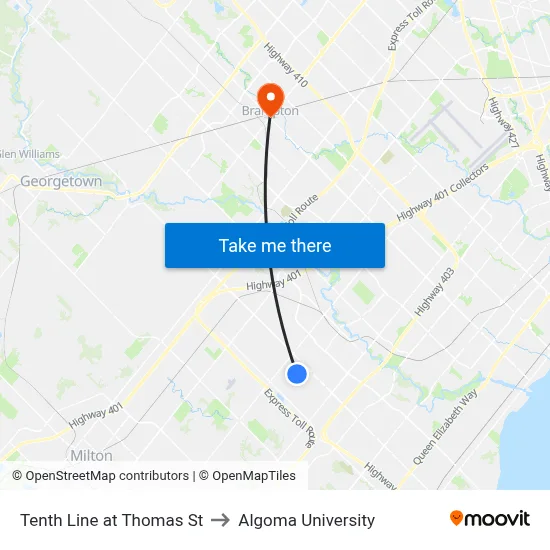 Tenth Line at Thomas St to Algoma University map