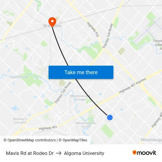 Mavis Rd at Rodeo Dr to Algoma University map