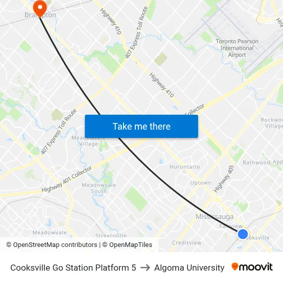 Cooksville Go Station Platform 5 to Algoma University map