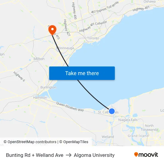 Bunting Rd + Welland Ave to Algoma University map
