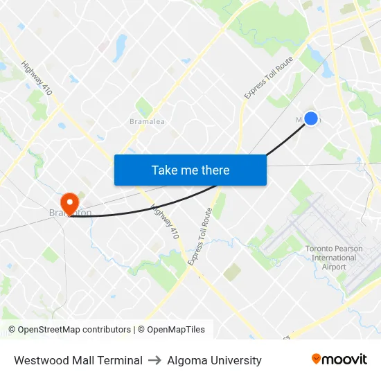 Westwood Mall Terminal to Algoma University map