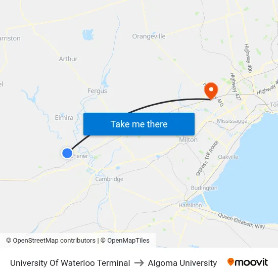 University Of Waterloo Terminal to Algoma University map