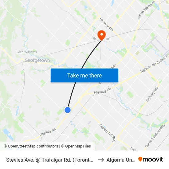 Steeles Ave. @ Trafalgar Rd. (Toronto Premium Outlets) to Algoma University map