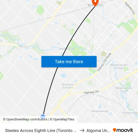 Steeles Across Eighth Line (Toronto Premium Outlets) to Algoma University map