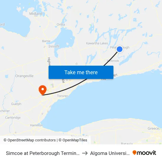 Simcoe at Peterborough Terminal to Algoma University map