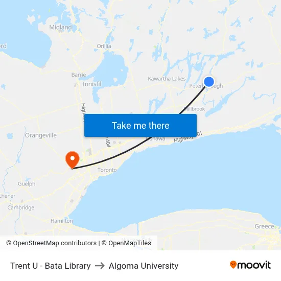 Trent U - Bata Library to Algoma University map