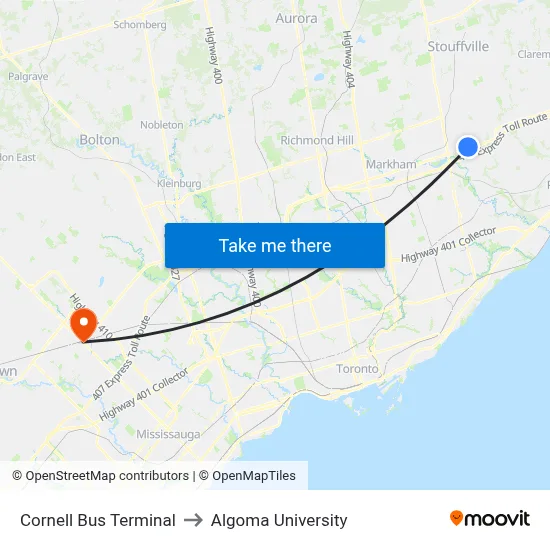 Cornell Bus Terminal to Algoma University map