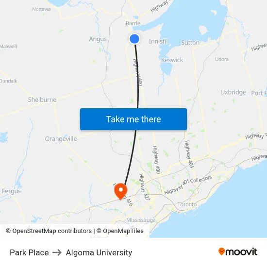 Park Place to Algoma University map