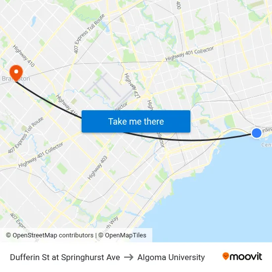 Dufferin St at Springhurst Ave to Algoma University map