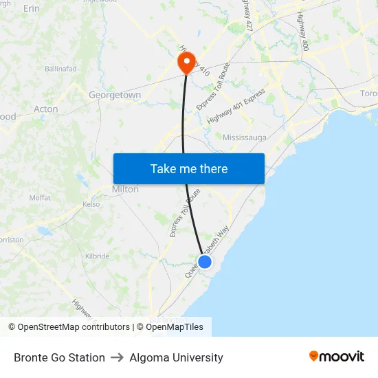 Bronte Go Station to Algoma University map