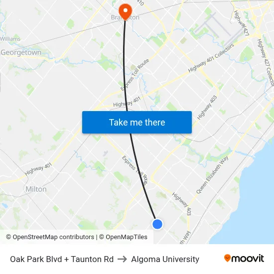 Oak Park Blvd + Taunton Rd to Algoma University map