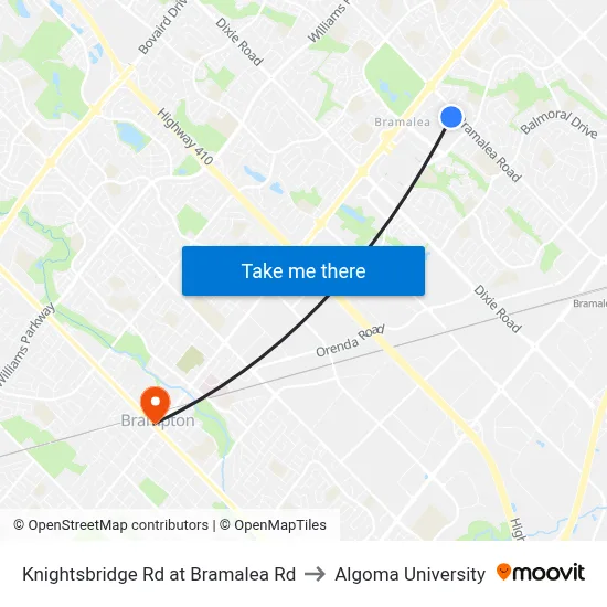 Knightsbridge Rd at Bramalea Rd to Algoma University map
