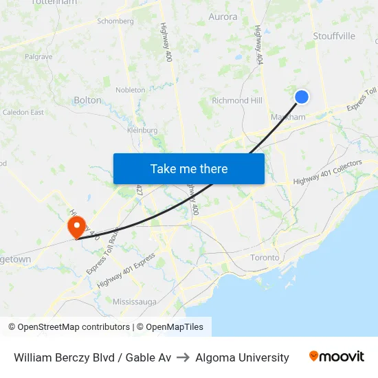 William Berczy Blvd / Gable Av to Algoma University map