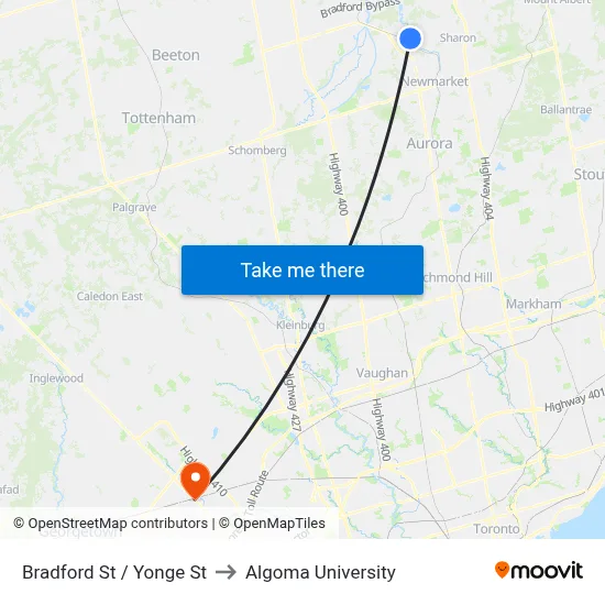 Bradford St / Yonge St to Algoma University map