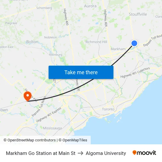 Markham Go Station at Main St to Algoma University map