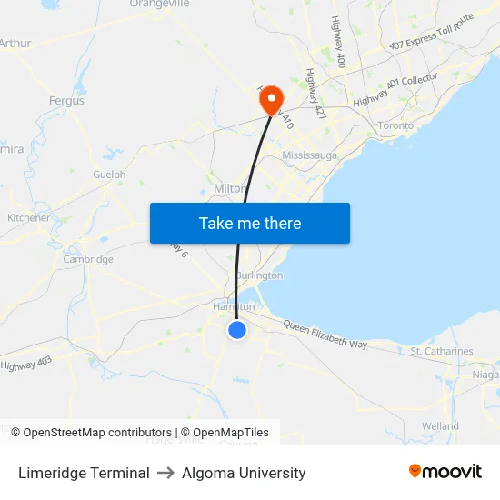 Limeridge Terminal to Algoma University map
