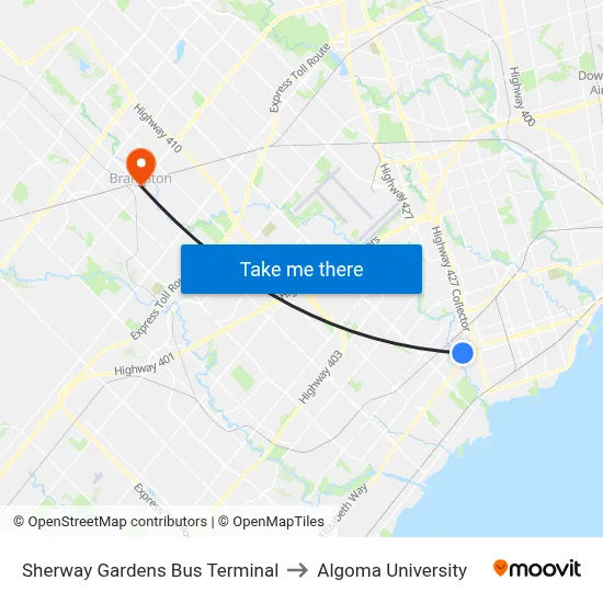Sherway Gardens Bus Terminal to Algoma University map