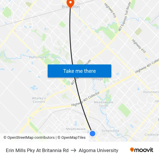 Erin Mills Pky At Britannia Rd to Algoma University map
