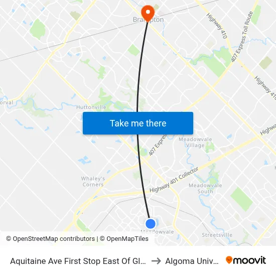 Aquitaine Ave First Stop East Of Glen Erin Dr to Algoma University map