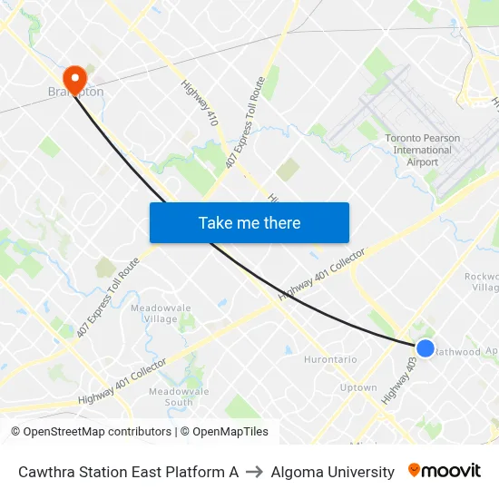 Cawthra Station East Platform A to Algoma University map