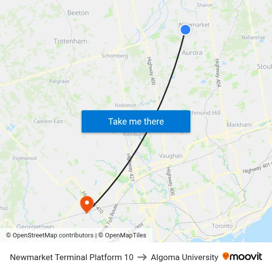Newmarket Terminal Platform 10 to Algoma University map