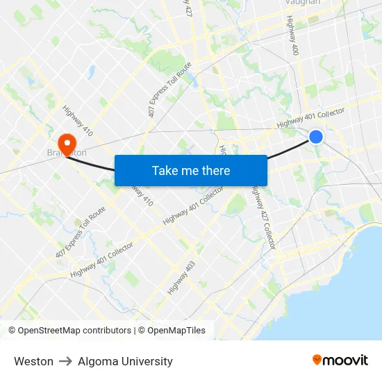 Weston to Algoma University map