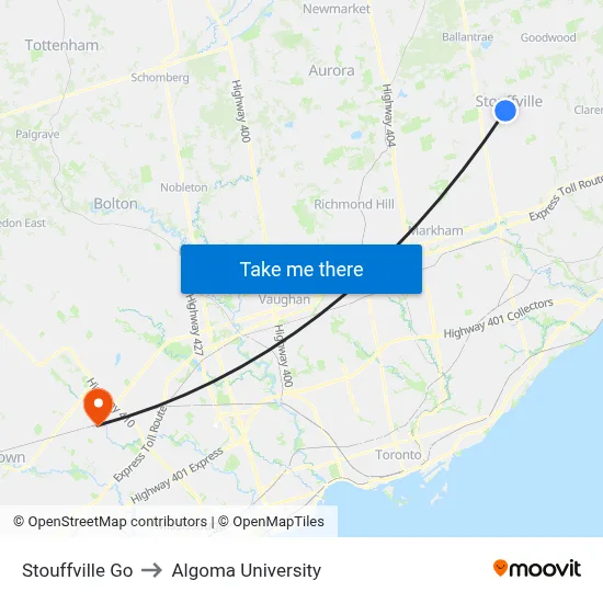 Stouffville Go to Algoma University map