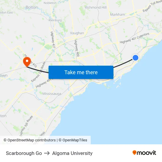 Scarborough Go to Algoma University map