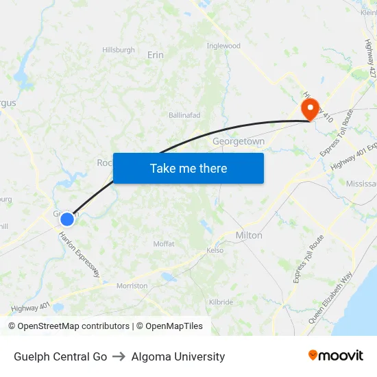 Guelph Central Go to Algoma University map