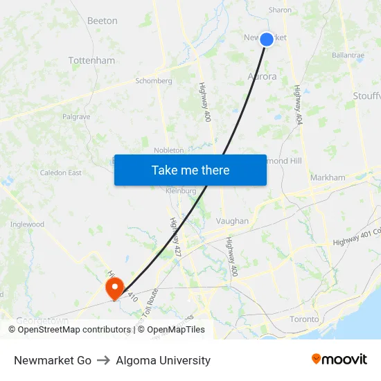 Newmarket Go to Algoma University map