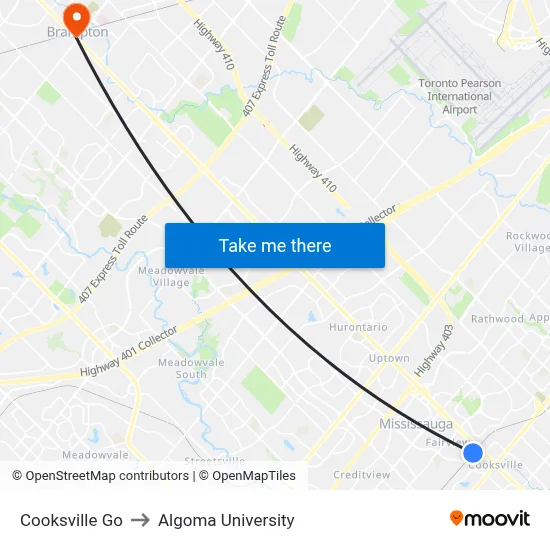 Cooksville Go to Algoma University map