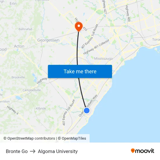 Bronte Go to Algoma University map