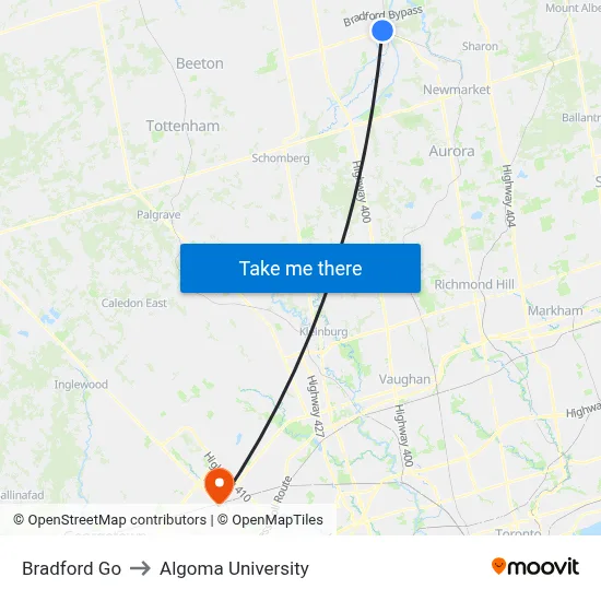 Bradford Go to Algoma University map