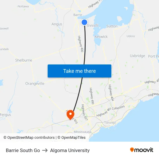 Barrie South Go to Algoma University map