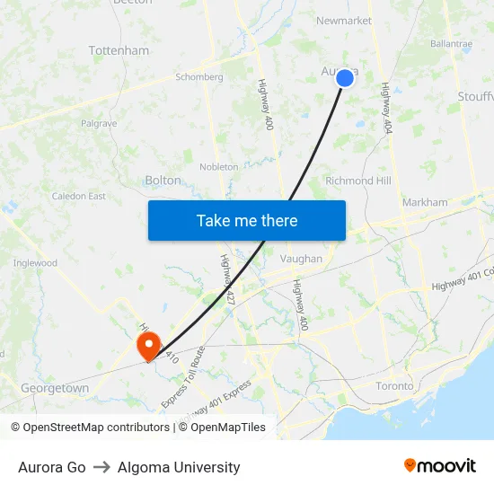 Aurora Go to Algoma University map