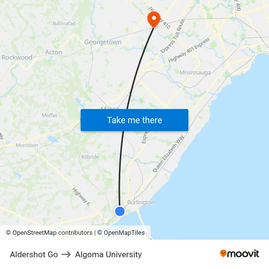 Aldershot Go to Algoma University map