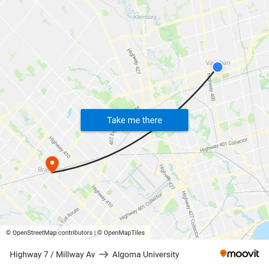 Highway 7 / Millway Av to Algoma University map