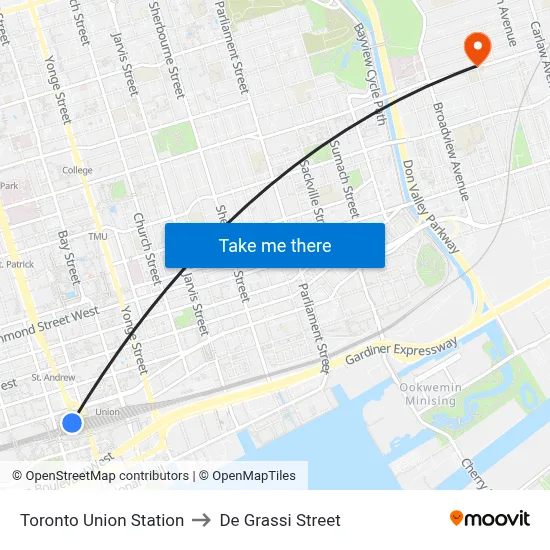 Toronto Union Station to De Grassi Street map