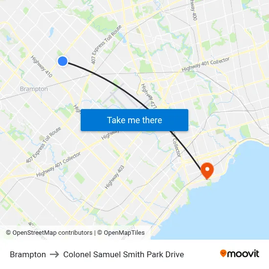 Brampton to Colonel Samuel Smith Park Drive map